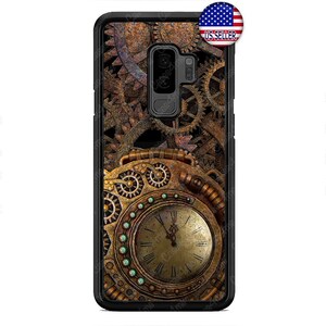 May include: A black phone case with a steampunk design featuring a clock face and gears. The design is made up of brown, gold, and green colors.