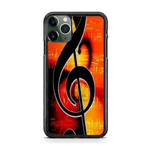 Könnte beinhalten: Schwarze Handyhülle mit einem Violinschlüssel-Design auf einem Hintergrund aus orangefarbenen, gelben und roten Noten.
