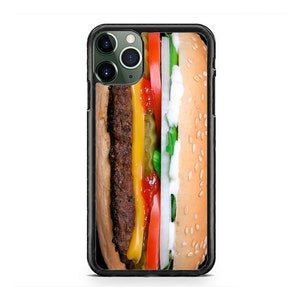 May include: A black iPhone case with a photo of a hamburger on it. The hamburger has a sesame seed bun, lettuce, tomato, cheese, and a beef patty.