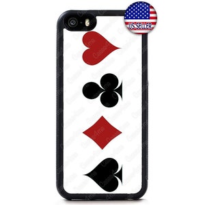 May include: Black phone case with a white background and four playing card suits: a red heart, a black club, a red diamond, and a black spade.