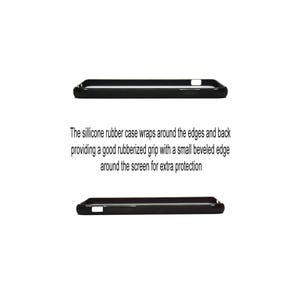 May include: Black silicone phone case with a raised edge around the screen for extra protection. The case wraps around the edges and back of the phone.
