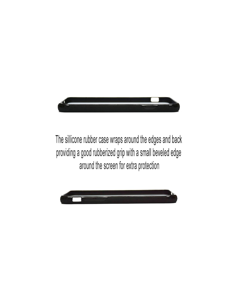 May include: Black silicone phone case with a raised edge around the screen for extra protection. The case wraps around the edges and back of the phone.