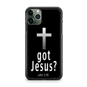 May include: Black iPhone case with a white cross and the text "got Jesus? John 3:16".
