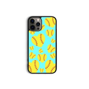 May include: A black iPhone case with a light blue background and a pattern of yellow softball hearts with red stitching.