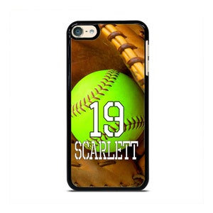 May include: A black phone case with a green and white softball with the number 19 and the name "Scarlett" printed on it.