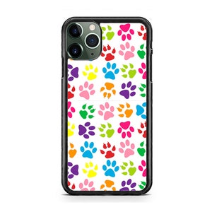 May include: A black phone case with a white background and a colorful paw print pattern.