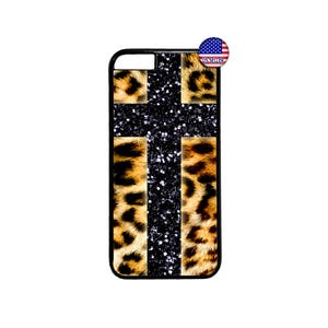 May include: Black phone case with a leopard print and a black glitter cross design.