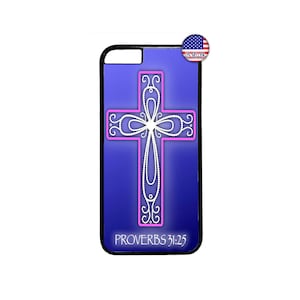 May include: A blue phone case with a white cross with pink outlines and the text "PROVERBS 31:25".