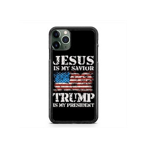 May include: Black iPhone case featuring a distressed American flag design. The text "Jesus is my saviour" and "Trump is my president" is printed in white on the case.