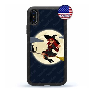 May include: Black phone case with a witch flying on a broomstick in front of a full moon. The witch is wearing a black dress and a pointed hat. The background is a dark blue sky with clouds.