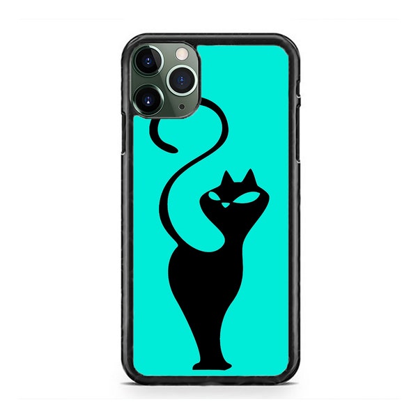 Cat in Teal Silhouette Art Cats Kitten Hard Rubber Case Cover for iPhone 15 14 13 12 Max Mini pro Max 11 XR Plus X Max SE, iPod Touch 7 6