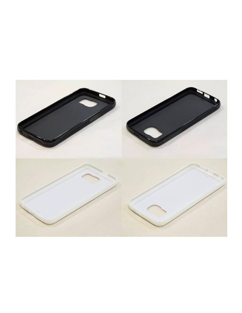 May include: Four phone cases are displayed. Two are black, and two are white. Each case has a rectangular shape with rounded corners and cutouts for the camera and other phone features. The cases appear to be made of a hard plastic material.
