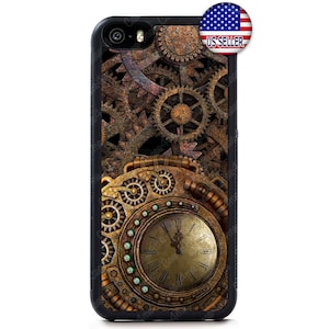 May include: A black phone case with a steampunk design featuring a clock face and intricate gears. The design is in shades of brown, gold, and green.
