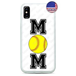 May include: White iPhone case with a black and yellow softball design and the word "MOM" in black letters.