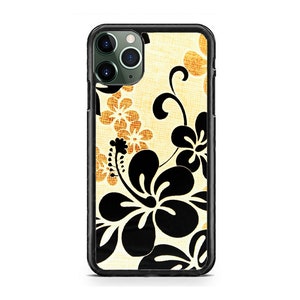 May include: Black and gold floral phone case with a black border. The case has a textured background and features a large black hibiscus flower with smaller gold flowers.