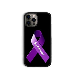 May include: A black phone case with a purple ribbon and the word "Survivor" printed on it.
