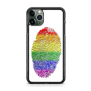 May include: A black phone case with a rainbow fingerprint design. The case has a cutout for the camera lens.