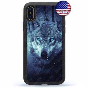 May include: Black phone case with a wolf with blue eyes in a snowy forest. The case has a black border and a clear back. The text "US SELLER" is on a red, white, and blue American flag sticker.