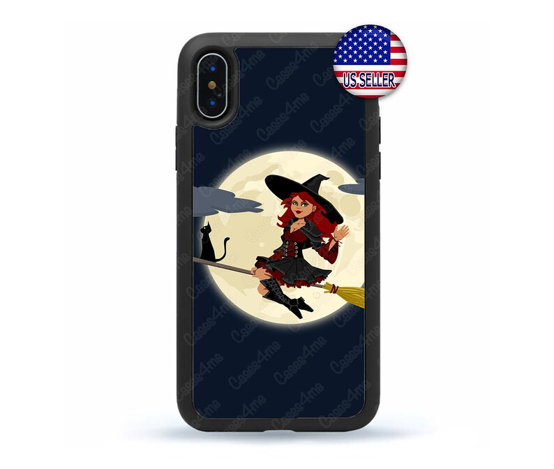 May include: Black phone case with a witch flying on a broomstick in front of a full moon. The witch is wearing a black dress and a pointed hat. The background is a dark blue sky with clouds.