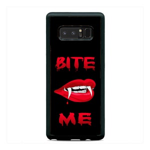 May include: Black phone case featuring the words "BITE ME" in dripping red letters, with a graphic of red lips and vampire fangs. The phone case is designed for a specific phone model.