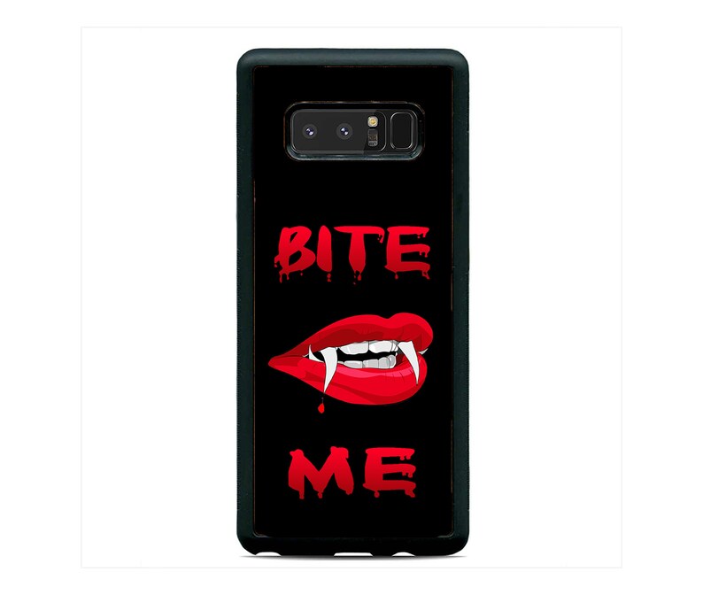 May include: Black phone case featuring the words "BITE ME" in dripping red letters, with a graphic of red lips and vampire fangs. The phone case is designed for a specific phone model.