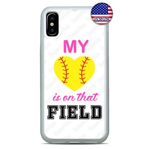 May include: White phone case with a design featuring a yellow softball heart, pink text that reads "MY is on that FIELD", and a US seller sticker.