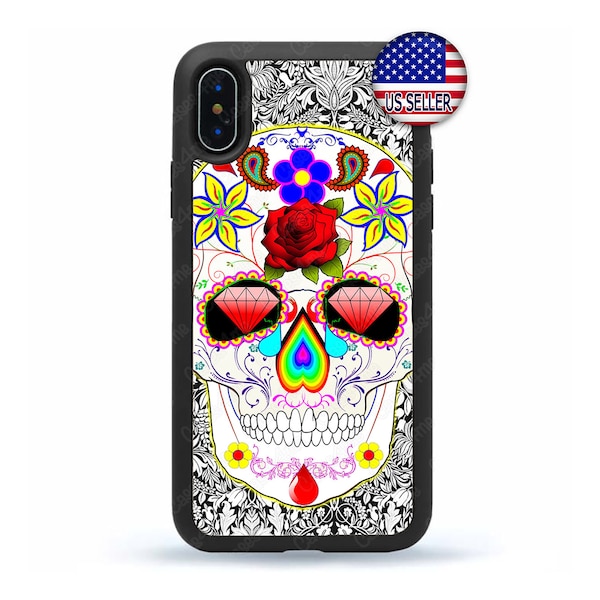Sugar Skull Art Day Dead Mexican Scary Hard Rubber Case Cover for iPhone 15 14 13 12 Max Mini pro Max 11 XR Plus X Max SE, iPod Touch 7 6