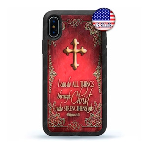 May include: A red and gold iPhone case with a cross and the quote "I can do all things through Christ who strengthens me. -Philippians 4:13"