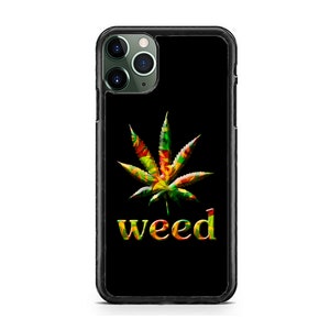 May include: Black phone case with a colorful marijuana leaf design and the word "weed" in yellow letters.