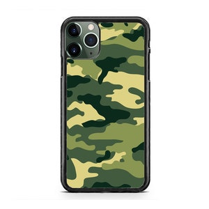 May include: A smartphone case with a camouflage pattern in shades of green and tan. The case has a black border and covers the back and sides of the phone. The camera lenses are visible.