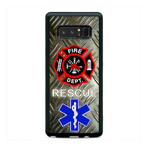 May include: A black phone case with a silver metal design. The case features a red and white fire department logo with the words "FIRE DEPT." and a blue star of life with the word "RESCUE".