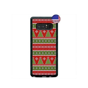 May include: A black phone case with a red and green Christmas sweater pattern. The pattern features snowflakes, Christmas trees, and a white background.