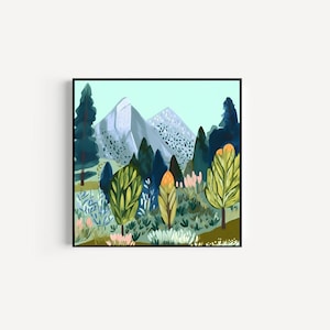 Set of 4 Colorful Mountain Modern Prints | Digital Download | Whimsical Mountain Art | Square Wall Art | Mountain Home Decor | Four Options