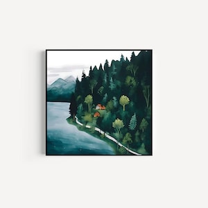 Cabin Forest Modern Print | Digital Art Print Download | Whimsical Mountain Art | Square Wall Art | Mountain Home Decor