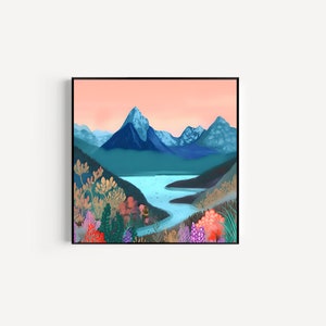 Set of 2 Colorful Mountain Modern Prints | Digital Download | Whimsical Mountain Art | Square Wall Art | Mountain Home Decor | Alpine Lake