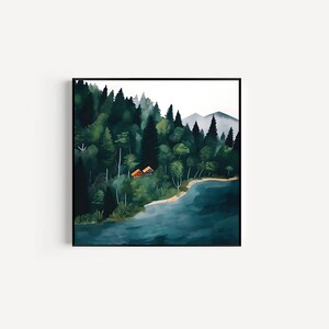 Cabin Forest Modern Print | Digital Art Print Download | Whimsical Mountain Art | Square Wall Art | Mountain Home Decor
