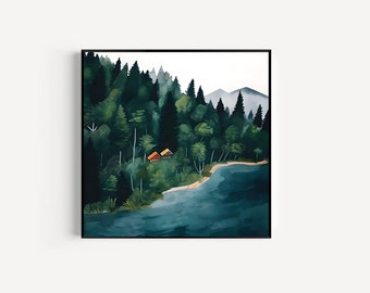 May include: A watercolour painting depicting a forest scene with a lake in the foreground. The lake is a deep blue colour and the forest is a dark green. There are two small orange and red houses on the shore of the lake.