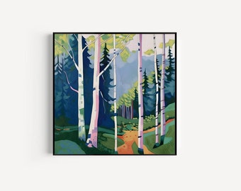 Colorful Aspen Birch Forest Modern Print | Digital Download | Whimsical Nature Art | Square Wall Art | Nature Home Decor