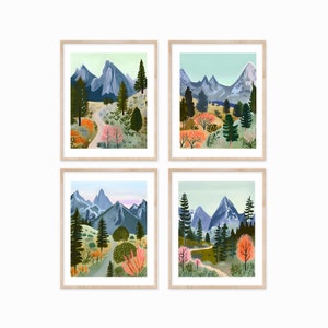 Set of 4 Colorful Mountain Modern Prints | Digital Download | Whimsical Mountain Art | 8x10 Wall Art | Mountain Home Decor | Four Options