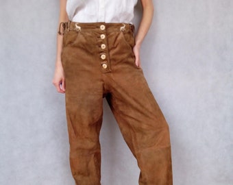 50s 60s Corduroy Pants W36 Retro Brown Corduroy Trousers XL Button Up Cord Slacks with faux leather details Wide Straight Leg Cords