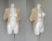Vintage Beige Cape, 90s Sheer Bolero, Knitted Poncho, Crochet Boho Sweater, Bohemian Thrift Top, White Collared Top, Knit Shawl