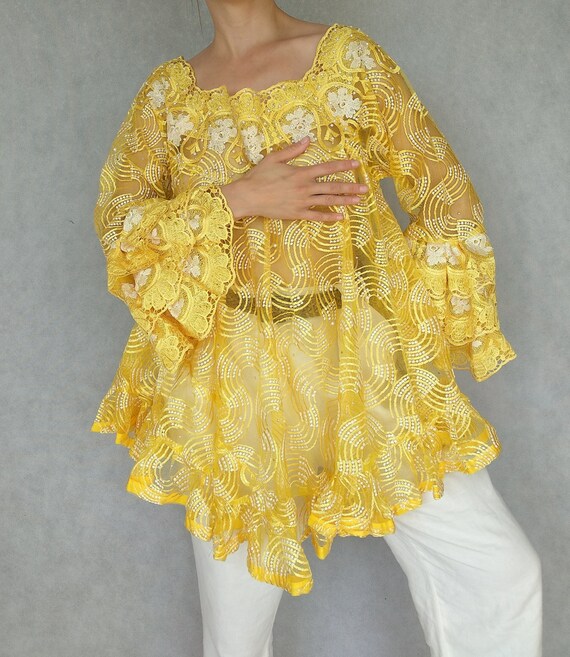 Vintage Yellow Top, Bright Yellow Blouse, Large Si