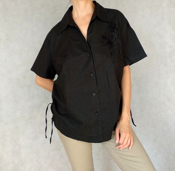 Vintage Linen Shirt, Starstyle Shirt, Black Linen