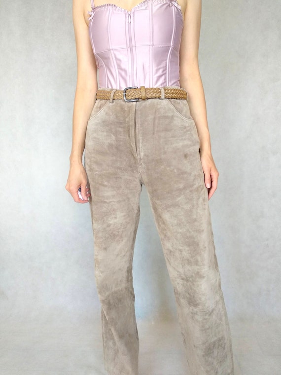 Vintage Suede Pants, Small Suede Slacks, Beige Lea