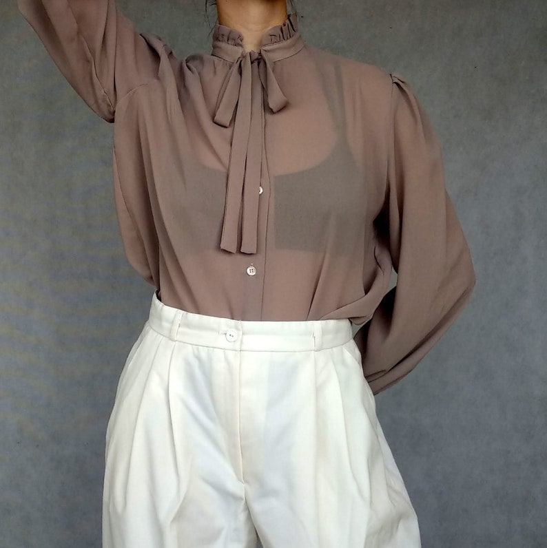 High Neck Blouse Long Sleeve Shirt Preppy Blouse Pussy Bow Blouse High Collar Shirt Brown Ascot Blouse 80 Bow Tie Blouse Khaki Blouse