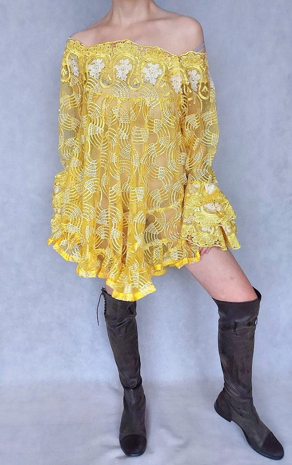 Vintage Yellow Top, Bright Yellow Blouse, Large Si
