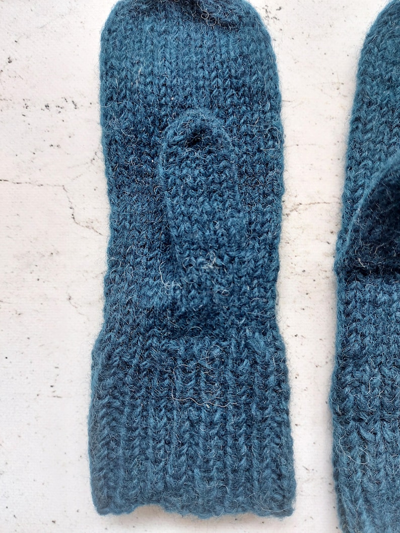 Handmade Adult Wool Dark Blue Knitted Mittens Medium Size