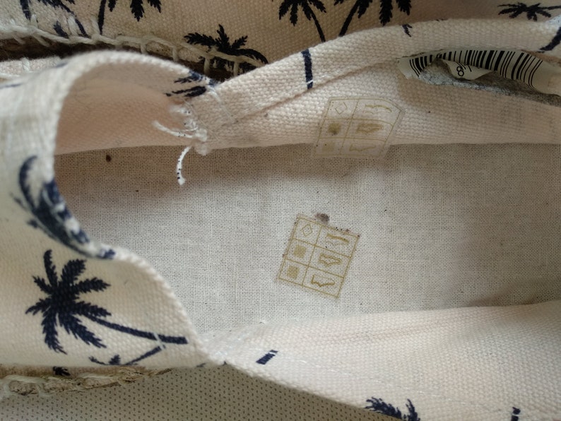 Navy Blue Flats White Flat Espadrilles Palm Pattern Shoes Retro Woven Heels UK 7 Vegan Shoes EUR 41 US 9,5 Vintage Espadrille Shoes