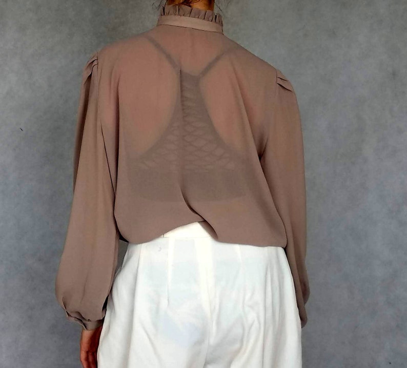 High Neck Blouse Long Sleeve Shirt Preppy Blouse Pussy Bow Blouse High Collar Shirt Brown Ascot Blouse 80 Bow Tie Blouse Khaki Blouse
