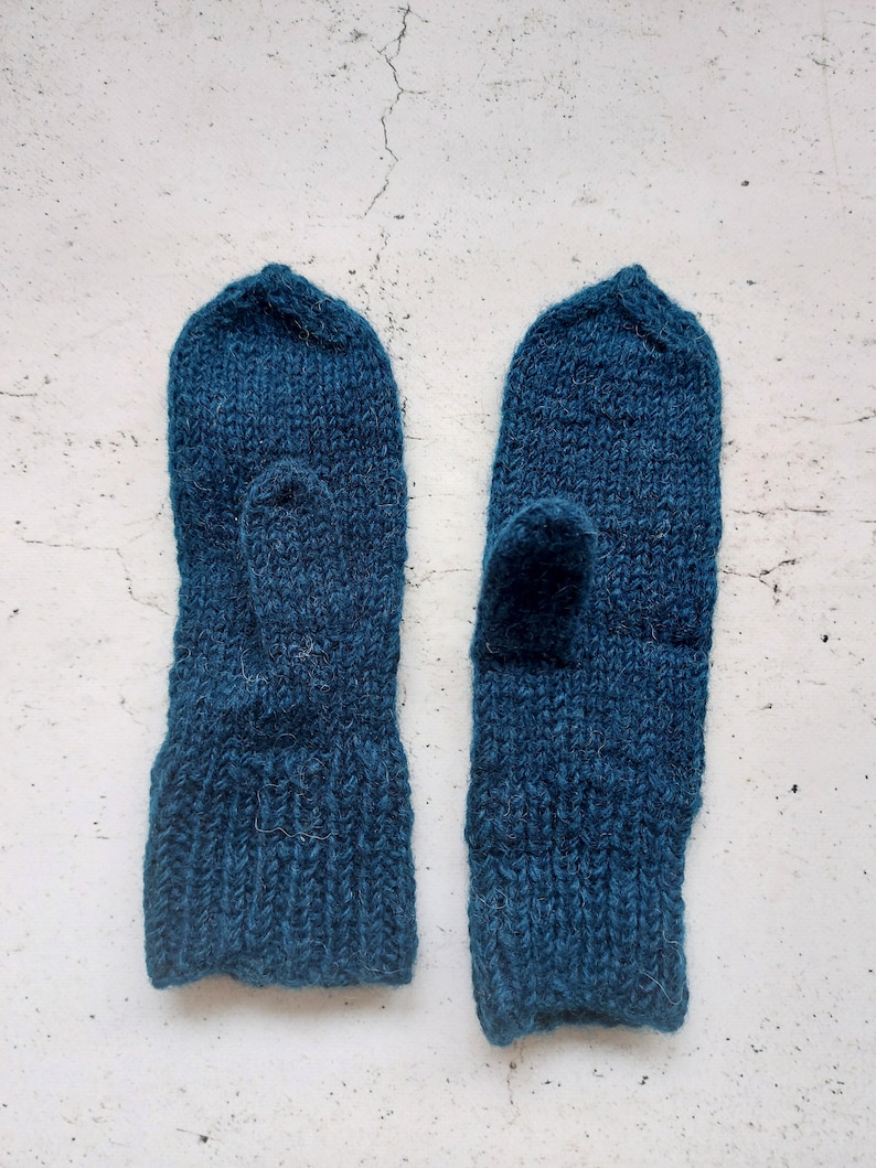 Handmade Adult Wool Dark Blue Knitted Mittens Medium Size